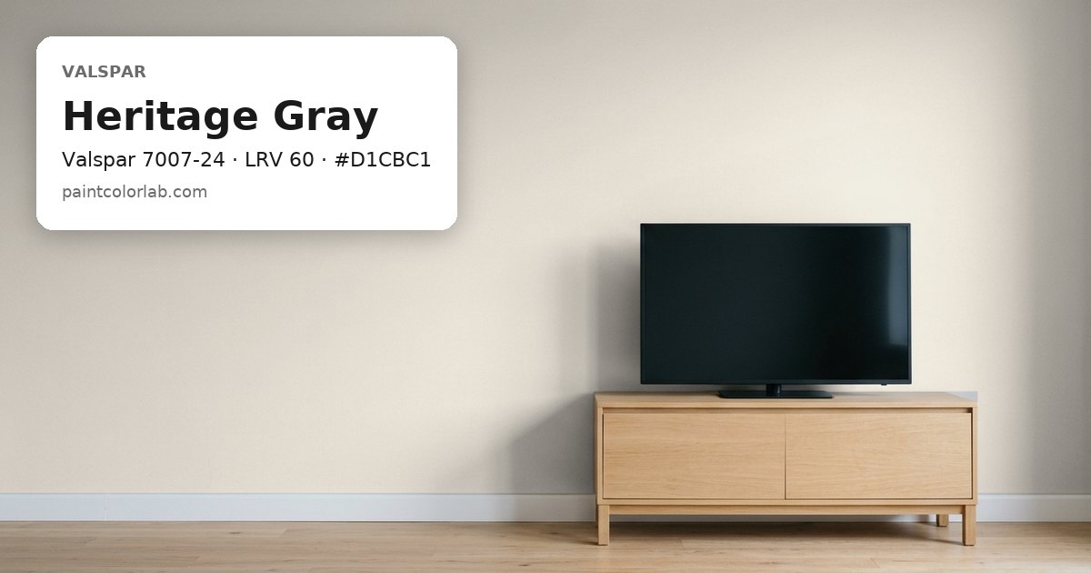 Living room with the wall painted Valspar Heritage Gray (Valspar 7007-24), hex #D1CBC1, LRV 60