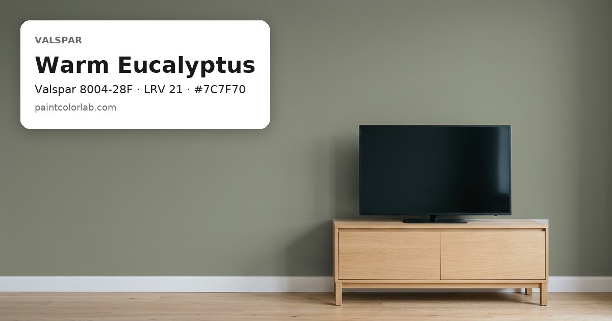 Living room with the wall painted Valspar Warm Eucalyptus (Valspar 8004-28F), hex #7C7F70, LRV 21